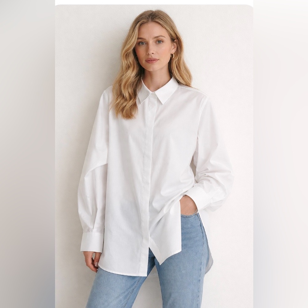 Joan Rivers White Button Down Shirt Pleated Sleeve Roll Tab Classic Large